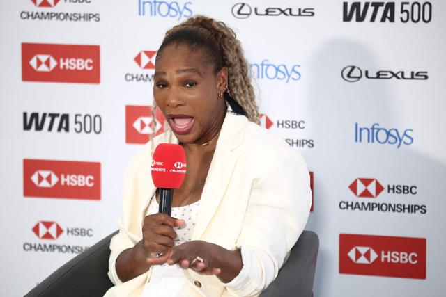 US player Serena Williams holds a press conference on the eve of the HSBC WTA tennis Championships at Queen's Club in west London on June 7, 2026. Serena Williams has confirmed her return to tennis after an absence of nearly four years, with the American great set to compete in women's doubles at Queen's Club this week. (Photo by Henry NICHOLLS / AFP)