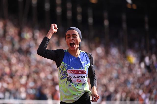 Tunesia's Marwa Bouzayani reacts after winning the Women's 3000m steeplechase event of the IAAF Stockholm Diamond League athletics meeting in Stockholm, Sweden, on June 7, 2026. (Photo by Jonathan Nackstrand / AFP)