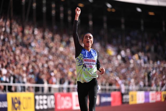 Tunesia's Marwa Bouzayani reacts after winning the Women's 3000m steeplechase event of the IAAF Stockholm Diamond League athletics meeting in Stockholm, Sweden, on June 7, 2026. (Photo by Jonathan Nackstrand / AFP)