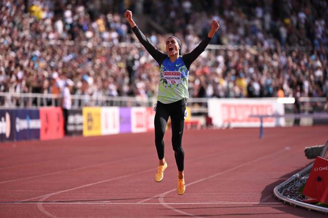 Tunesia's Marwa Bouzayani reacts after winning the Women's 3000m steeplechase event of the IAAF Stockholm Diamond League athletics meeting in Stockholm, Sweden, on June 7, 2026. (Photo by Jonathan Nackstrand / AFP)