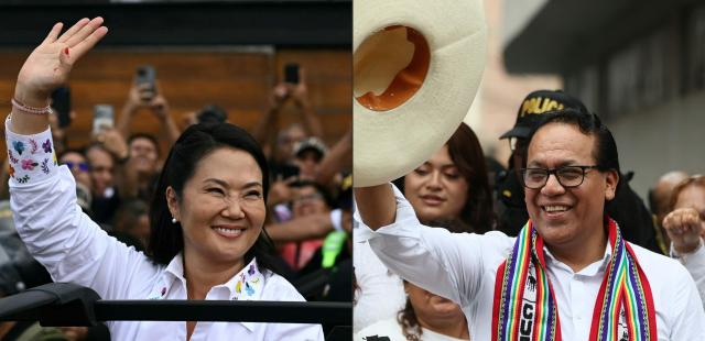 (COMBO) This combination of pictures created on June 07, 2026 shows Peru's presidential candidate Keiko Fujimori, for the Fuerza Popular party, waving to supporters as she leaves after casting her vote during the presidential election runoff in Lima on June 7, 2026, and Peru's presidential candidate Roberto Sanchez, for the Juntos por el Peru party, greeting supporters next to his wife Claudia Pinazzo (out of frame) and his mother after an election-day breakfast in Huaral, Lima department, Peru on June 7, 2026. Ballots are being cast in Peru's too-close-to-call presidential runoff, with crime and political instability dominating a race to choose the country's ninth leader in a decade June 7. (Photo by ERNESTO BENAVIDES and Connie FRANCE / AFP)