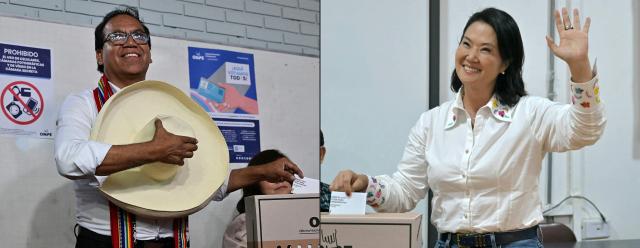 (COMBO) This combination of pictures created on June 07, 2026 shows Peru's presidential candidate Roberto Sanchez, for the Juntos por el Peru party, castings his vote during the general election runoff, in Lima on June 7, 2026, and Peru's presidential candidate Keiko Fujimori, for the Fuerza Popular party, waving as she casts her vote at a polling station during the presidential election runoff in Lima on June 7, 2026. Ballots are being cast in Peru's too-close-to-call presidential runoff, with crime and political instability dominating a race to choose the country's ninth leader in a decade June 7. (Photo by MARTIN BERNETTI / AFP)