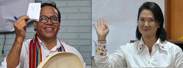 (COMBO) This combination of pictures created on June 07, 2026 shows Peru's presidential candidate Roberto Sanchez, for the Juntos por el Peru party, preparing to cast his vote during the general election runoff, in Lima on June 7, 2026, and Peru's presidential candidate Keiko Fujimori, for the Fuerza Popular party, waving as she votes at a polling station during the presidential election runoff in Lima on June 7, 2026. Ballots are being cast in Peru's too-close-to-call presidential runoff, with crime and political instability dominating a race to choose the country's ninth leader in a decade June 7. (Photo by MARTIN BERNETTI / AFP)