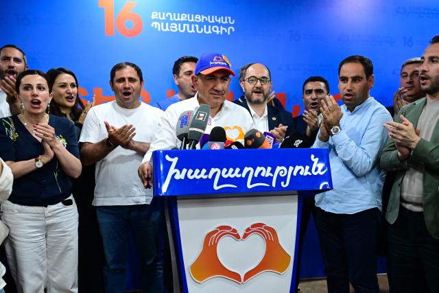 Armenian Prime Minister and leader of the Civil Contract party Nikol Pashinyan holds a press conference following the parliamentary election at the party's headquarters in Yerevan early on June 8, 2026. (Photo by Karen MINASYAN / AFP)