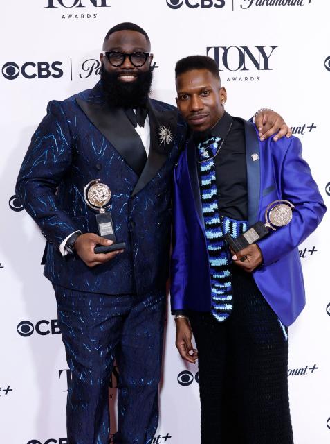 US choreographers Omari Wiles (R) and Arturo Lyons (L) pose in the press room with the Best Choreography Award for "Cats: The Jellicle Ball" during the 79th Annual Tony Awards at Radio City Music Hall in New York on June 7, 2026. (Photo by kena betancur / AFP)
