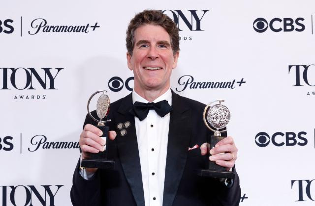 US writer Cinco Paul poses in the press room with the Best Book of a Musical award for "Schmigadoon!" during the 79th Annual Tony Awards at Radio City Music Hall in New York on June 7, 2026. (Photo by kena betancur / AFP)