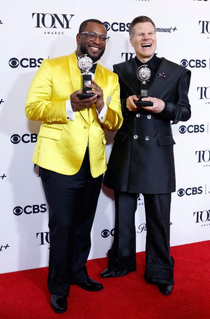 US directors Zhailon Levingston (L) and Bill Rauch pose in the press room with the Best Direction of a Musical award for "Cats: The Jellicle Ball" during the 79th Annual Tony Awards at Radio City Music Hall in New York on June 7, 2026.  (Photo by kena betancur / AFP)