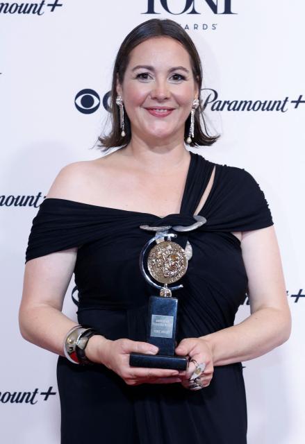 British scenic designer Chloe Lamford poses in the press room with the Best Scenic Design of a Play award for "Arthur Miller's Death of a Salesman" during the 79th Annual Tony Awards at Radio City Music Hall in New York on June 7, 2026. (Photo by kena betancur / AFP)