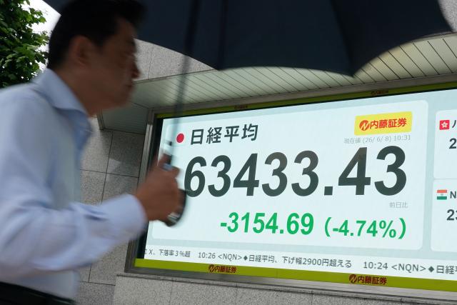 A man walks past an electronic quotation board displaying the Nikkei Stock Average on the Tokyo Stock Exchange along a street in Tokyo on June 8, 2026. (Photo by Kazuhiro NOGI / AFP)