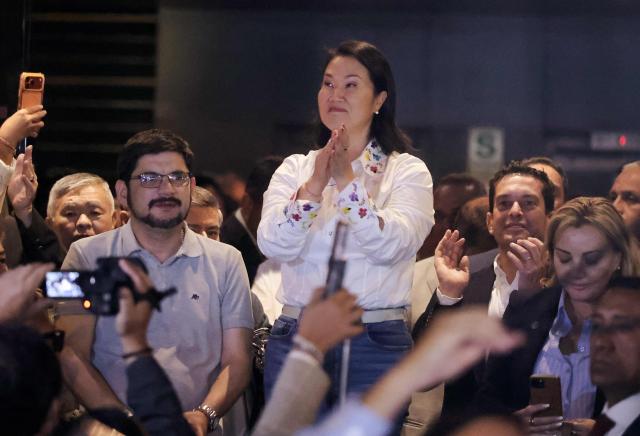 Peru's presidential candidate Keiko Fujimori, for the Fuerza Popular party, gestures after a speech following the first results of the presidential election runoff in Lima on June 7, 2026. Voting stations closed on June 7, 2026 in Peru's presidential election, with exit polls showing four-time candidate Keiko Fujimori with the slenderest of leads over her leftist rival Roberto Sanchez. (Photo by Anthony Nino de Guzman / AFP)