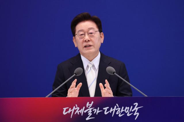 SEOUL, SOUTH KOREA - JUNE 08: South Korean President Lee Jae Myung speaks during a press conference to mark the first anniversary of his inauguration at Yeongbingwan of Blue House on June 08, 2026 in Seoul, South Korea. President Lee reviews the first year of his administration and unveils his policy vision and key tasks for the second year. (Photo by Chung Sung-Jun/Getty Images) (Photo by Chung Sung-Jun / POOL / AFP)