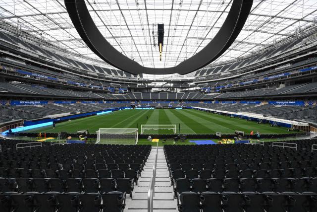 The fully installed grass pitch is seen at Los Angeles Stadium (temporarily renamed from SoFi Stadium) ahead of the 2026 FIFA World Cup in Los Angeles on June 7, 2026. (Photo by Patrick T. Fallon / AFP)