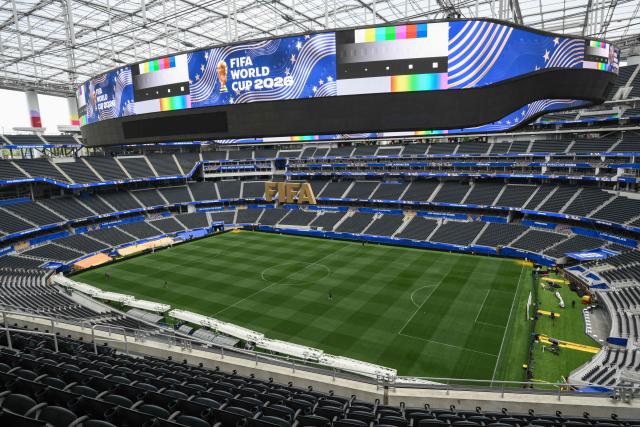 The fully installed grass pitch is seen at Los Angeles Stadium (temporarily renamed from SoFi Stadium) ahead of the 2026 FIFA World Cup in Los Angeles on June 7, 2026. (Photo by Patrick T. Fallon / AFP)
