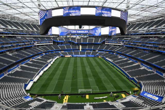 The fully installed grass pitch is seen at Los Angeles Stadium (temporarily renamed from SoFi Stadium) ahead of the 2026 FIFA World Cup in Los Angeles on June 7, 2026. (Photo by Patrick T. Fallon / AFP)