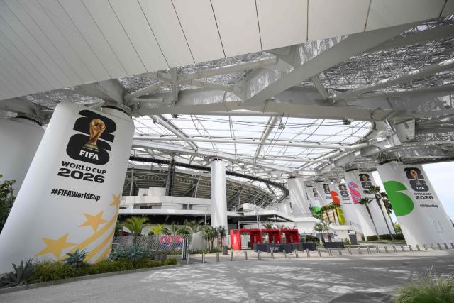 FIFA signage is seen at Los Angeles Stadium (temporarily renamed from SoFi Stadium) ahead of the 2026 FIFA World Cup in Los Angeles on June 7, 2026. (Photo by Patrick T. Fallon / AFP)