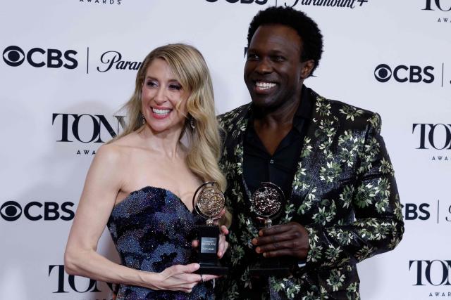 Canadian actress Caissie Levy (L) poses with the award for Best Performance by an Actress in a Leading Role in a Musical for "Ragtime" next to US actor Joshua Henry with his award for Best Performance by an Actor in a Leading Role in a Musical "Ragtime" in the press room during the 79th Annual Tony Awards at Radio City Music Hall in New York on June 7, 2026. (Photo by kena betancur / AFP)