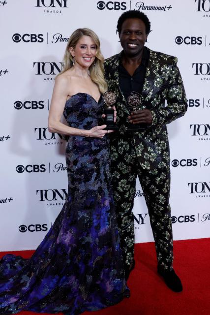 Canadian actress Caissie Levy (L) poses with the award for Best Performance by an Actress in a Leading Role in a Musical for "Ragtime" next to US actor Joshua Henry with his award for Best Performance by an Actor in a Leading Role in a Musical "Ragtime" in the press room during the 79th Annual Tony Awards at Radio City Music Hall in New York on June 7, 2026. (Photo by kena betancur / AFP)
