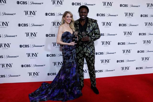 Canadian actress Caissie Levy (L) poses with the award for Best Performance by an Actress in a Leading Role in a Musical for "Ragtime" next to US actor Joshua Henry with his award for Best Performance by an Actor in a Leading Role in a Musical "Ragtime" in the press room during the 79th Annual Tony Awards at Radio City Music Hall in New York on June 7, 2026. (Photo by kena betancur / AFP)