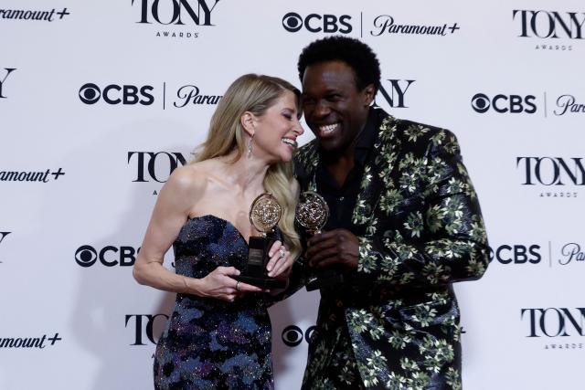 Canadian actress Caissie Levy (L) poses with the award for Best Performance by an Actress in a Leading Role in a Musical for "Ragtime" next to US actor Joshua Henry with his award for Best Performance by an Actor in a Leading Role in a Musical "Ragtime" in the press room during the 79th Annual Tony Awards at Radio City Music Hall in New York on June 7, 2026. (Photo by kena betancur / AFP)