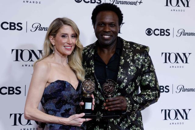 Canadian actress Caissie Levy (L) poses with the award for Best Performance by an Actress in a Leading Role in a Musical for "Ragtime" next to US actor Joshua Henry with his award for Best Performance by an Actor in a Leading Role in a Musical "Ragtime" in the press room during the 79th Annual Tony Awards at Radio City Music Hall in New York on June 7, 2026. (Photo by kena betancur / AFP)