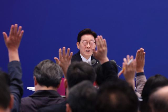 South Korean President Lee Jae Myung attends a press conference to mark the first anniversary of his inauguration at the Blue House in Seoul on June 8, 2026. (Photo by Chung Sung-Jun / POOL / AFP)