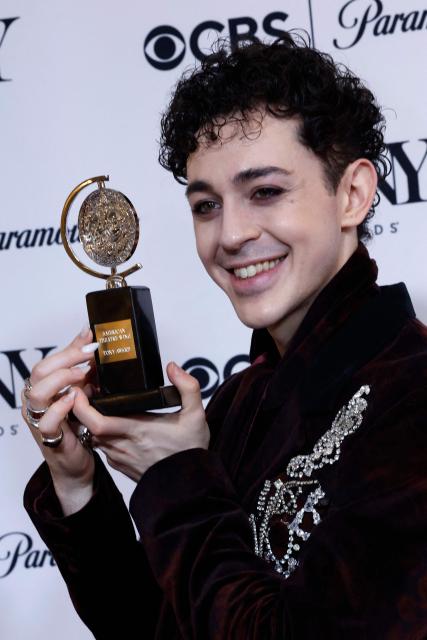 US actor Ali Louis Bourzgui poses with the award for Best Performance by an Actor in a Featured Role in a Musical for "The Lost Boys" in the press room during the 79th Annual Tony Awards at Radio City Music Hall in New York on June 7, 2026. (Photo by kena betancur / AFP)