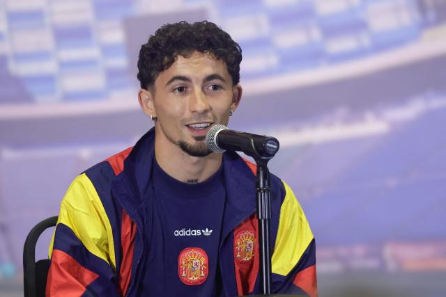 Spain's midfielder Yeremy Pino speaks during a press conference at the Cuauhtemoc stadium in Puebla, Mexico, on June 7, 2026, ahead of the friendly match against Peru as preparation for the FIFA 2026 World Cup. (Photo by Jose CASTANARES / AFP)