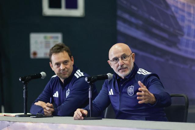 Spain's head coach Luis de la Fuente speaks during a press conference at the Cuauhtemoc stadium in Puebla, Mexico, on June 7, 2026, ahead of the friendly match against Peru as preparation for the FIFA 2026 World Cup. (Photo by Jose CASTANARES / AFP)