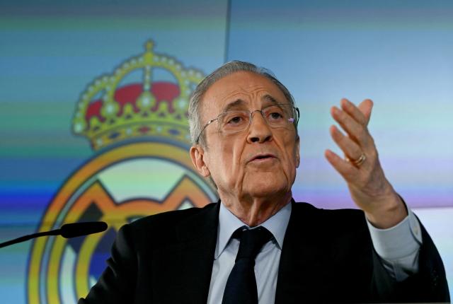 (FILES) Real Madrid President Florentino Perez talks to media at Real Madrid Sports City in Valdebebas, in the outskirts of Madrid, on May 12, 2026. Real Madrid's emblematic president Florentino Perez, challenged at the ballot box for the first time since 2009 by businessman Enrique Riquelme, was re-elected on the evening of June 7, 2026 to serve an eighth term, lasting until 2030. (Photo by JAVIER SORIANO / AFP)