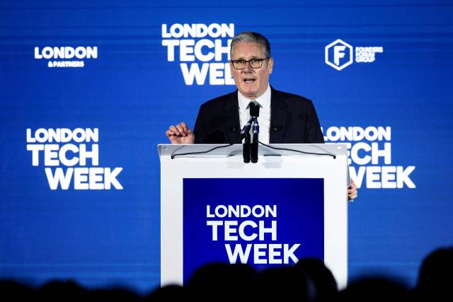 Britain's Prime Minister Keir Starmer delivers a speech at London Tech Week in London on June 8, 2026, on government plans to use technology to boost growth. (Photo by Isabel Infantes / POOL / AFP)