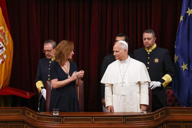 Pope Leo XIV is applauded before delivering a speech during a joint session of the Spanish Parliament at the Congress of Deputies in Madrid on June 8, 2026. Pope Leo XIV is visiting Spain June 6-12 with stops in Madrid, Barcelona, and the Canary Islands, where he will meet with migrants and organisations dedicated to helping them. (Photo by Yara Nardi / POOL / AFP)