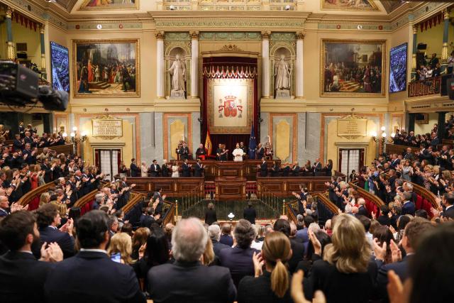 Pope Leo XIV is applauded before delivering a speech during a joint session of the Spanish Parliament at the Congress of Deputies in Madrid on June 8, 2026. Pope Leo XIV is visiting Spain June 6-12 with stops in Madrid, Barcelona, and the Canary Islands, where he will meet with migrants and organisations dedicated to helping them. (Photo by Yara Nardi / POOL / AFP)