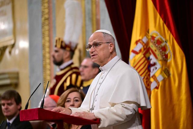 Pope Leo XIV delivers a speech during a joint session of the Spanish Parliament at the Congress of Deputies in Madrid on June 8, 2026. Pope Leo XIV is visiting Spain June 6-12 with stops in Madrid, Barcelona, and the Canary Islands, where he will meet with migrants and organisations dedicated to helping them. (Photo by Stefano RELLANDINI / AFP)