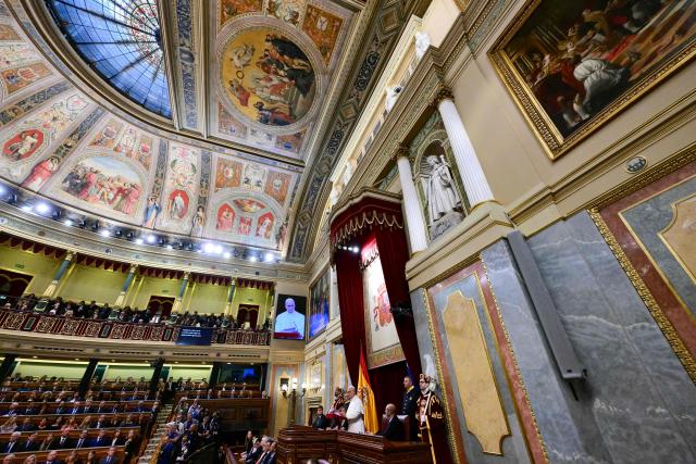 Pope Leo XIV delivers a speech during a joint session of the Spanish Parliament at the Congress of Deputies in Madrid on June 8, 2026. Pope Leo XIV is visiting Spain June 6-12 with stops in Madrid, Barcelona, and the Canary Islands, where he will meet with migrants and organisations dedicated to helping them. (Photo by Stefano RELLANDINI / AFP)