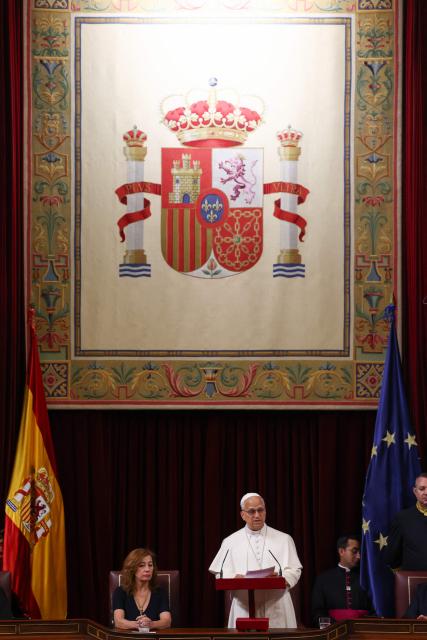 Pope Leo XIV delivers a speech during a joint session of the Spanish Parliament at the Congress of Deputies in Madrid on June 8, 2026. Pope Leo XIV is visiting Spain June 6-12 with stops in Madrid, Barcelona, and the Canary Islands, where he will meet with migrants and organisations dedicated to helping them. (Photo by Yara Nardi / POOL / AFP)