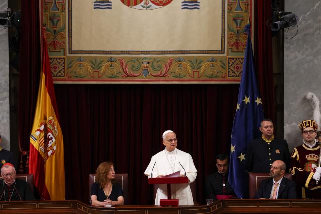 Pope Leo XIV delivers a speech during a joint session of the Spanish Parliament at the Congress of Deputies in Madrid on June 8, 2026. Pope Leo XIV is visiting Spain June 6-12 with stops in Madrid, Barcelona, and the Canary Islands, where he will meet with migrants and organisations dedicated to helping them. (Photo by Yara Nardi / POOL / AFP)