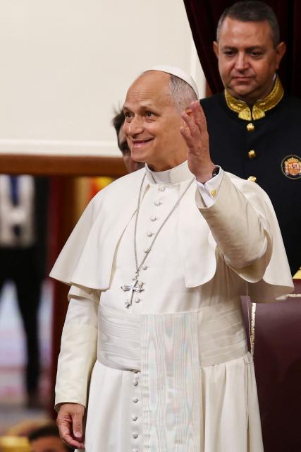 Pope Leo XIV gestures after delivering a speech during a joint session of the Spanish Parliament at the Congress of Deputies in Madrid on June 8, 2026. Pope Leo XIV is visiting Spain June 6-12 with stops in Madrid, Barcelona, and the Canary Islands, where he will meet with migrants and organisations dedicated to helping them. (Photo by Yara Nardi / POOL / AFP)
