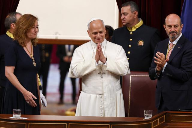 Pope Leo XIV gestures after delivering a speech during a joint session of the Spanish Parliament at the Congress of Deputies in Madrid on June 8, 2026. Pope Leo XIV is visiting Spain June 6-12 with stops in Madrid, Barcelona, and the Canary Islands, where he will meet with migrants and organisations dedicated to helping them. (Photo by Yara Nardi / POOL / AFP)
