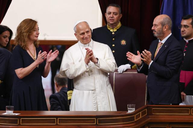 Pope Leo XIV is applauded after delivering a speech during a joint session of the Spanish Parliament at the Congress of Deputies in Madrid on June 8, 2026. Pope Leo XIV is visiting Spain June 6-12 with stops in Madrid, Barcelona, and the Canary Islands, where he will meet with migrants and organisations dedicated to helping them. (Photo by Yara Nardi / POOL / AFP)