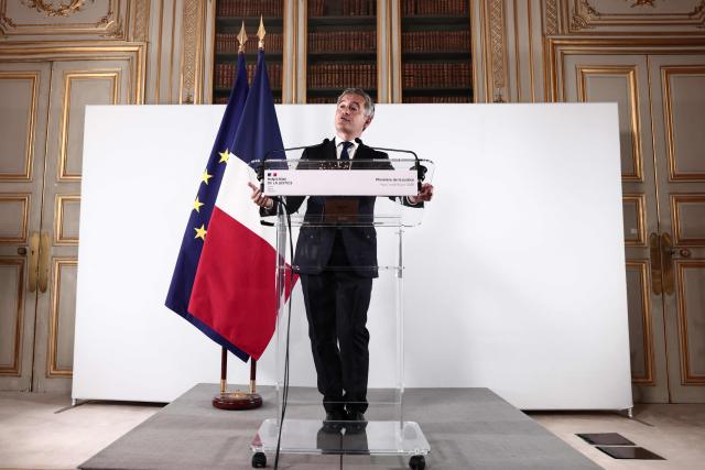 France's Justice Minister Gerald Darmanin addresses media during a press conference following a working meeting with France's public prosecutors general to ask them for a review of complaints involving child victims in the wake of the Lyhanna case, while feminist and child protection groups called for demonstrations in front of courthouses at the Ministry of Justice in Paris, on June 8, 2026. Darmanin called for "all-hands mobilization" to "get to the truth about what went wrong in the Lyhanna case". (Photo by Behrouz MEHRI / AFP)