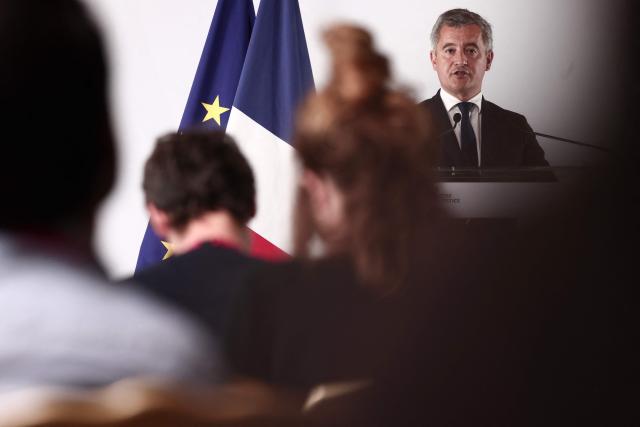 France's Justice Minister Gerald Darmanin addresses media during a press conference following a working meeting with France's public prosecutors general to ask them for a review of complaints involving child victims in the wake of the Lyhanna case, while feminist and child protection groups called for demonstrations in front of courthouses at the Ministry of Justice in Paris, on June 8, 2026. Darmanin called for "all-hands mobilization" to "get to the truth about what went wrong in the Lyhanna case". (Photo by Behrouz MEHRI / AFP)