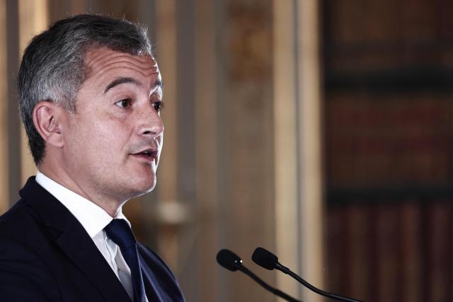 France's Justice Minister Gerald Darmanin gestures as he addresses media during a press conference following a working meeting with France's public prosecutors general to ask them for a review of complaints involving child victims in the wake of the Lyhanna case, while feminist and child protection groups called for demonstrations in front of courthouses at the Ministry of Justice in Paris, on June 8, 2026. Darmanin called for "all-hands mobilization" to "get to the truth about what went wrong in the Lyhanna case". (Photo by Behrouz MEHRI / AFP)