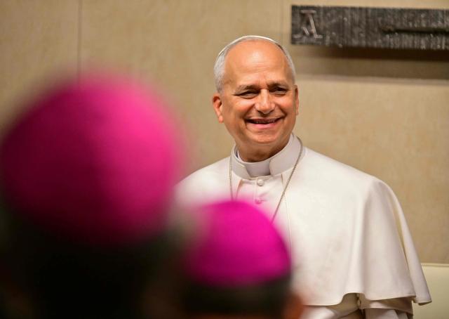 Pope Leo XIV smiles during a meeting with the bishops of Spain at the office of the Episcopal conference in Madrid on June 8, 2026. Pope Leo XIV is visiting Spain June 6-12 with stops in Madrid, Barcelona, and the Canary Islands, where he will meet with migrants and organisations dedicated to helping them. (Photo by Stefano RELLANDINI / AFP)