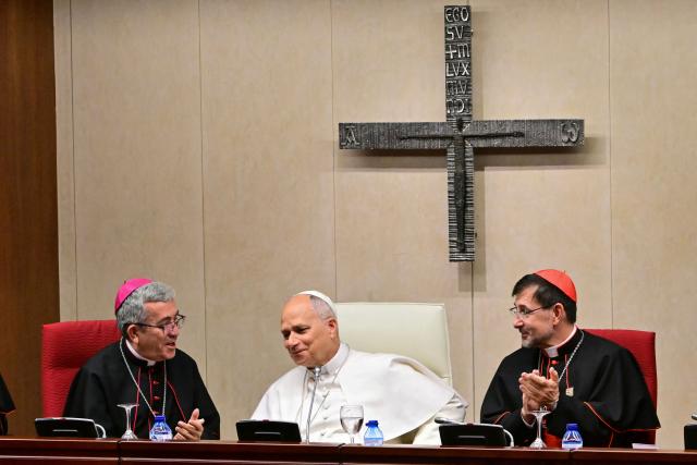 Pope Leo XIV is appplauded after addressing the bishops of Spain at the office of the Episcopal conference in Madrid on June 8, 2026. Pope Leo XIV is visiting Spain June 6-12 with stops in Madrid, Barcelona, and the Canary Islands, where he will meet with migrants and organisations dedicated to helping them. (Photo by Stefano RELLANDINI / AFP)