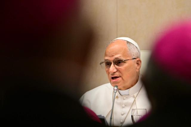 Pope Leo XIV addresses a meeting of the bishops of Spain at the office of the Episcopal conference in Madrid on June 8, 2026. Pope Leo XIV is visiting Spain June 6-12 with stops in Madrid, Barcelona, and the Canary Islands, where he will meet with migrants and organisations dedicated to helping them. (Photo by Stefano RELLANDINI / AFP)