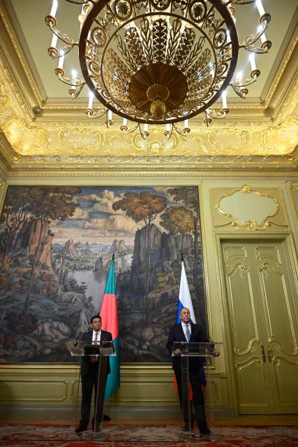 Russian Foreign Minister Sergei Lavrov and his Bangladeshi counterpart Khalilur Rahman hold a joint press conference following their talks in Moscow on June 8, 2026. (Photo by Alexander NEMENOV / POOL / AFP)