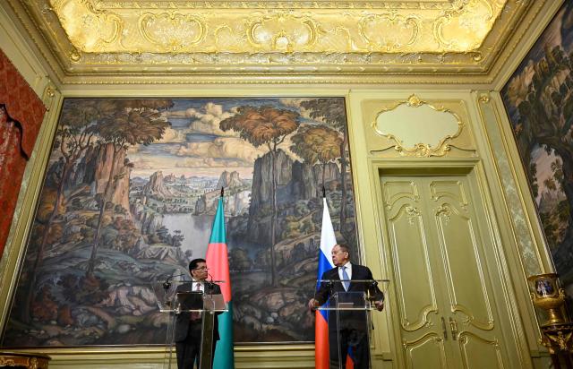 Russian Foreign Minister Sergei Lavrov and his Bangladeshi counterpart Khalilur Rahman hold a joint press conference following their talks in Moscow on June 8, 2026. (Photo by Alexander NEMENOV / POOL / AFP)