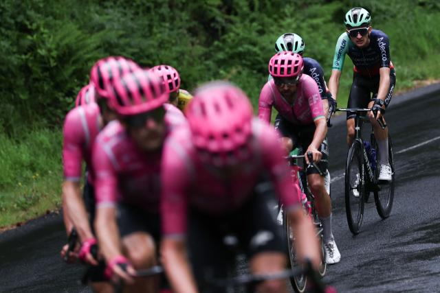 Decathlon CMA CGM Team's French rider Paul Seixas (R) cycles with the pack of riders (peloton) during the 2nd stage of the Tour Auvergne-Rhone-Alpes cycling race (formerly known as the Criterium du Dauphine), 234,3km between Saint-Martin-Le-Vinoux in the French Alps and Le Puy-en-Velay near the Massif Central, on June 8, 2026. (Photo by Anne-Christine POUJOULAT / AFP)