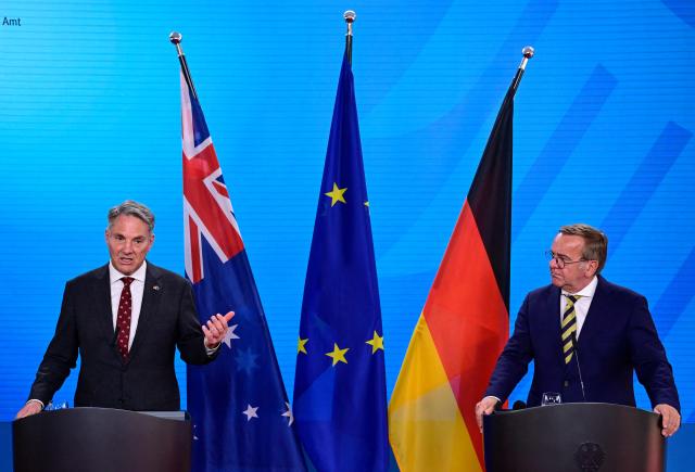 Australian Deputy Prime Minister and Defence Minister Richard Marles (L) and German Defence Minister Boris Pistorius address a press conference at the Foreign Ministry in Berlin on June 8, 2026. (Photo by John MACDOUGALL / AFP)