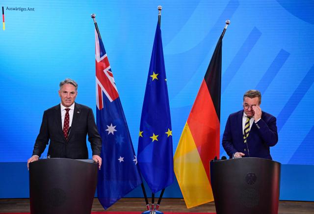 Australian Deputy Prime Minister and Defence Minister Richard Marles (L) and German Defence Minister Boris Pistorius address a press conference at the Foreign Ministry in Berlin on June 8, 2026. (Photo by John MACDOUGALL / AFP)